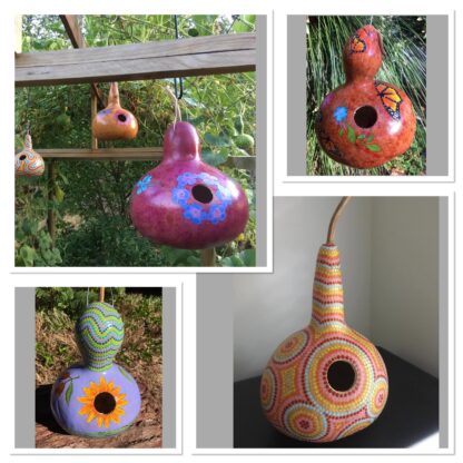 Crafted birdhouses from gourds