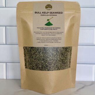 Kraft paper package of Bull Kelp Seaweed with a label on a white background